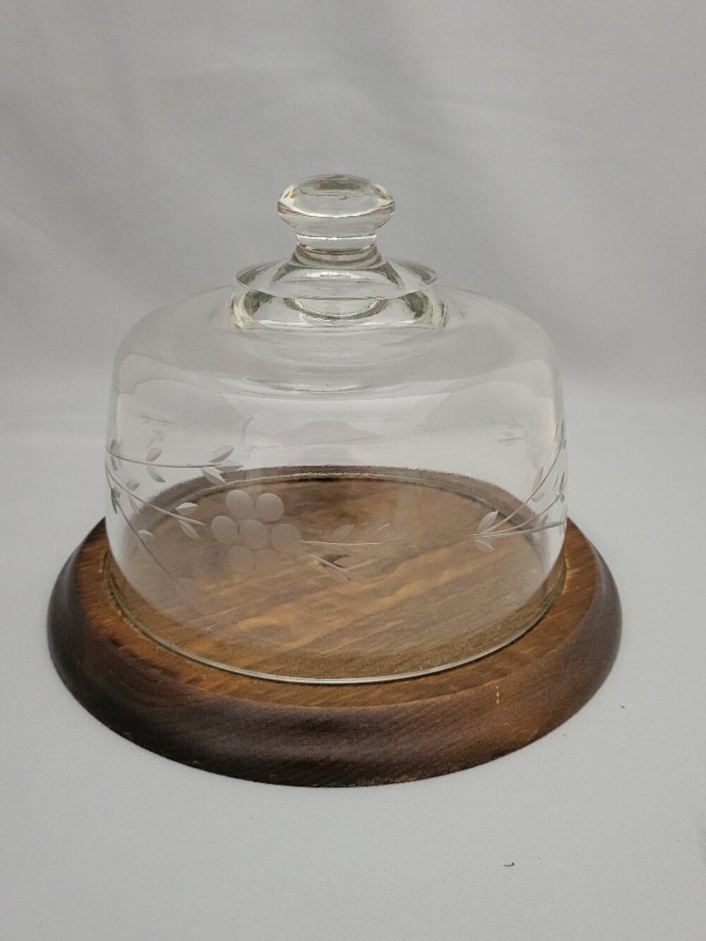 Vtg Flower Etched Glass Dome Cloche Display Wood Base 8x6 Cheese Tray Cake Dish